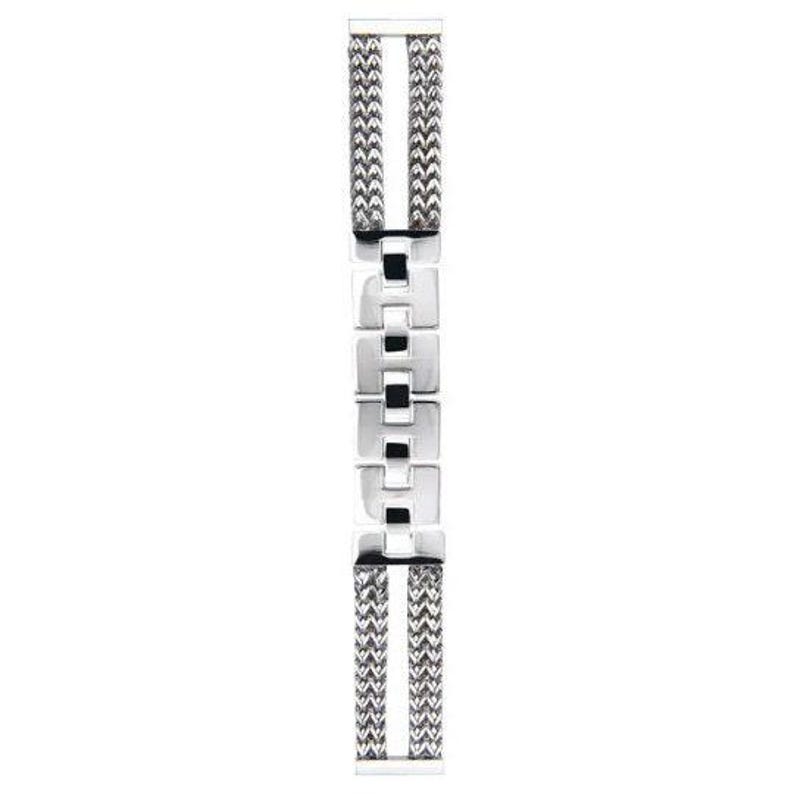 May include: A silver-toned bracelet with a geometric design. The bracelet features a series of rectangular links connected by smaller, square-shaped links. The ends of the bracelet have a textured, woven pattern. The bracelet is displayed against a white background.