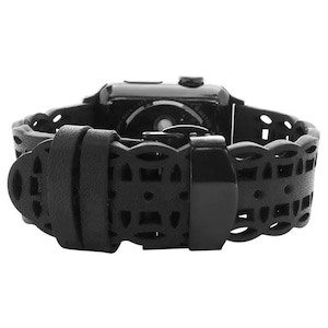 For Apple Watch - 22 mm Band Flora - Black - Stainless steel and genuine leather - Allergy-friendly