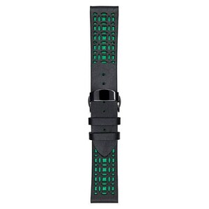 K&ouml;nnte beinhalten: Schwarzes Uhrenarmband mit einem geometrischen Muster in Gr&uuml;n. Das Armband hat eine schwarze Schnalle und ein kontrastierendes gr&uuml;nes Innere, das durch das Aussparungsdesign sichtbar ist. Das Armband besteht aus einem strapazierf&auml;higen Material.