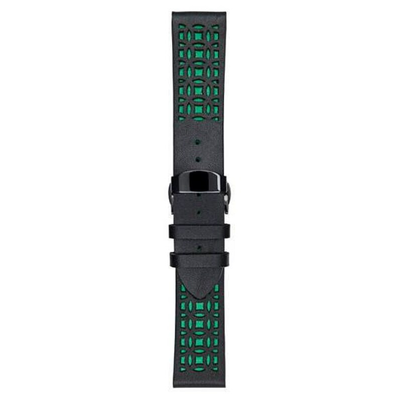 K&ouml;nnte beinhalten: Schwarzes Uhrenarmband mit einem geometrischen Muster in Gr&uuml;n. Das Armband hat eine schwarze Schnalle und ein kontrastierendes gr&uuml;nes Innere, das durch das Aussparungsdesign sichtbar ist. Das Armband besteht aus einem strapazierf&auml;higen Material.
