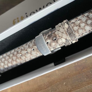 May include: A watch strap with a snakeskin pattern in shades of brown and cream. The strap has a silver-coloured buckle with the brand name "fitjewels" engraved on it. The strap is presented in a white box.