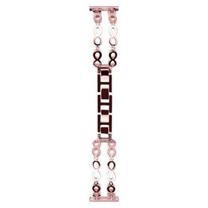 May include: Rose gold watch band with a geometric design. The band features a series of interconnected links, including infinity symbols and rectangular shapes. The band is designed to attach to a smartwatch.