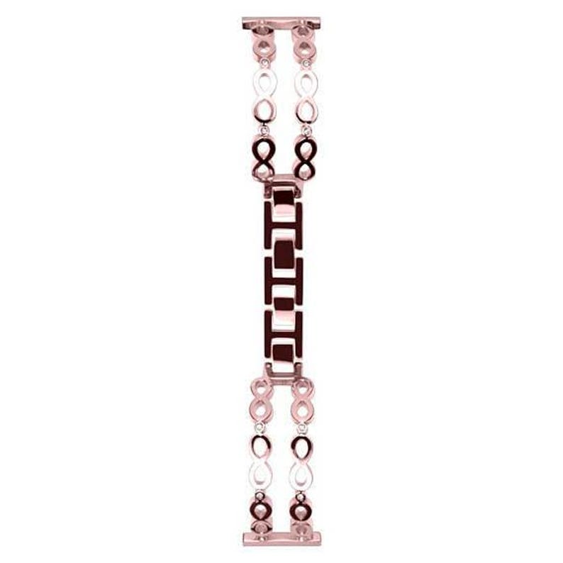 May include: Rose gold watch band with a geometric design. The band features a series of interconnected links, including infinity symbols and rectangular shapes. The band is designed to attach to a smartwatch.