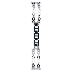 May include: A silver-toned watch band with a geometric design. The band features alternating sections of infinity-shaped links and rectangular links with black and white accents. The band is designed to attach to a watch.