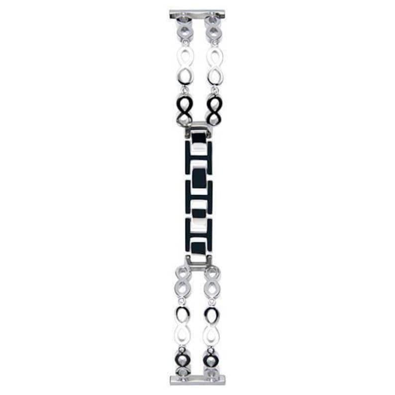 May include: A silver-toned watch band with a geometric design. The band features alternating sections of infinity-shaped links and rectangular links with black and white accents. The band is designed to attach to a watch.