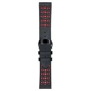 K&ouml;nnte beinhalten: Schwarzes Uhrenarmband mit einem geometrischen Muster, das ausgeschnitten ist, um einen roten Innenraum freizulegen. Das Armband hat eine schwarze Schnalle und ist aus Leder. Das Uhrenarmband ist ca. 23 cm lang.