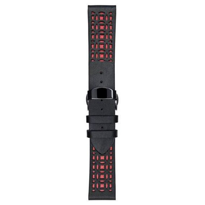 K&ouml;nnte beinhalten: Schwarzes Uhrenarmband mit einem geometrischen Muster, das ausgeschnitten ist, um einen roten Innenraum freizulegen. Das Armband hat eine schwarze Schnalle und ist aus Leder. Das Uhrenarmband ist ca. 23 cm lang.