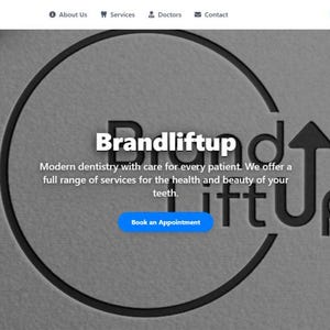May include: A website homepage for Brandliftup, set against a grey textured backdrop. The logo, "Brandliftup," is centrally positioned within a black circular design. Text below the logo reads, "Modern dentistry with care for every patient." A blue button says "Book an Appointment."