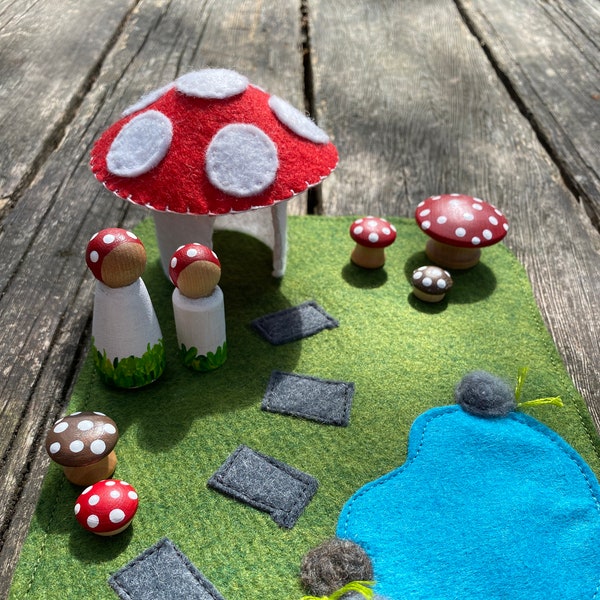 Mushroom House Play Mat with accessories. EVERYTHING included, Waldorf inspired, handmade toys travel toys, kids toy, birthday gift present