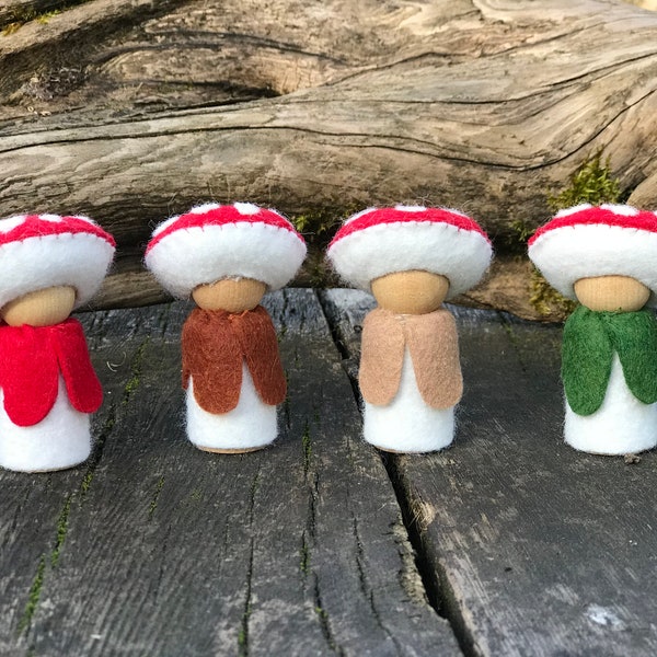 Felt Mushroom Peg Doll, red mushroom people, nature, wooden, handmade kids toy, Waldorf inspired, sensory play, children of the forest, peg