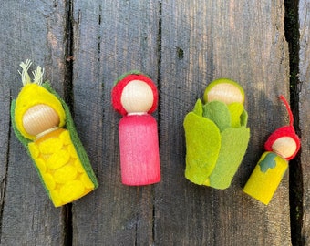 Corn, Tomato, Radish, Lettuce Peg Dolls, Garden vegetable, wooded felt, handmade kids toy, Waldorf inspired, stocking stuffer gift, gardener