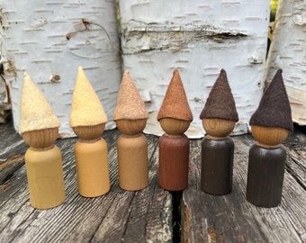 Diverse set of peg doll gnomes, diversity, different skin tones, Waldorf, Montessori inspired play, peg people, handmade natural wooded toys