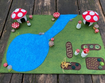 Large Mushroom House Play Mat with EVERYTHING included, Waldorf inspired, handmade toys, mushroom peg dolls, kids toy, birthday gift present