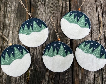 Winter Night wool felt ornament, Mountain Majesty, holiday decoration, Christmas tree ornament, snow glob, snowflake, gift topper, handmade