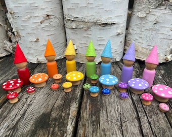 Rainbow gnomes, birthday peg dolls, mushrooms, Waldorf and Montessori inspired, fairy garden, handmade, wood, wool felt, natural toy, gift