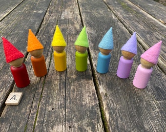 Rainbow peg dolls, rainbow gnomes, Waldorf toys, Montessori inspired, pastel colors bright, LGBTQ+, set of peg people, gnomes, birthday toy