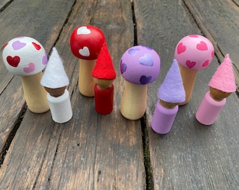 Heart peg doll gnome sets, love bundles, kids, small gift, mushrooms, Waldorf, Montessori, handmade, kids toy, gift basket, Valentine's Day