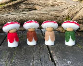 Felt Mushroom Peg Doll, red mushroom people, nature, wooden, handmade kids toy, Waldorf inspired, sensory play, children of the forest, peg