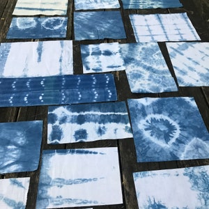 12 Indigo dyed fabric scraps for small projects - scrap bag, 100% cotton, linen, all sizes, hand dyed, tie dye, DIY, scraps