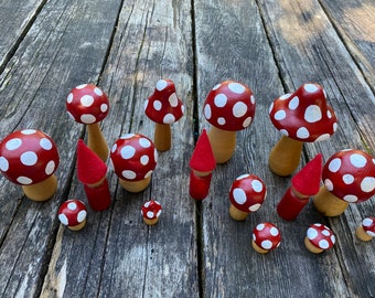 Mushroom gnome set, red, mushrooms, dolls, Waldorf inspired, handmade, forest gnome, kids toy, birthday present, small gift, sensory play