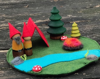 Felt Camping Play Mat, EVERYTHING included - Wooden peg dolls, imaginative play, Waldorf inspired, travel toys, kids, forest, great outdoors