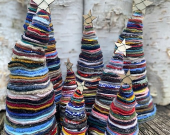 Repurposed Wool Sweater Christmas Tree, 100% recycled, felt, Christmas decoration, handmade, gift, home decor, wooden star, holidays