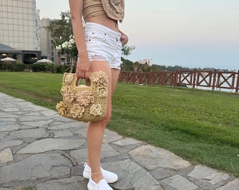Floral Crochet Raffia Tote Bag: Handmade 3D Flower Purse