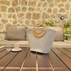 Bamboo Handle Straw Bag, Handmade, Ribbon Yarn, Tote Bag, Hand Bag, Knitted Bag, Cotton Lined, Inner Pocket, Woven Bag, Boho, Handmade Gift