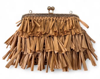 Raffia Fringe Clutch Bag, Handmade Satin Raffia Purse, Bohemian Cocktail & Wedding Guest Accessory