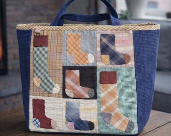 Ręcznie robiona torba typu tote z patchworku | Wzór skarpetek vintage, pikowana torba na ramię