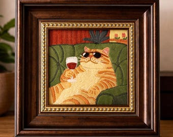 Ręcznie haftowana grafika ścienna z kotem, relaksujący haft z kotem, przytulna dekoracja do domu (12 x 12 cm)