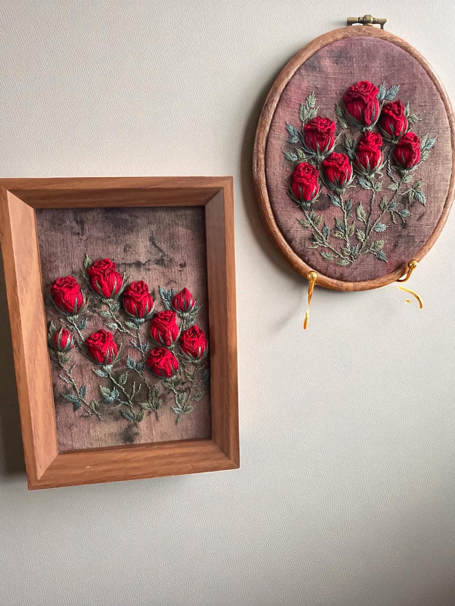 Red Roses Handmade Design Hand-embroidered Red Rose Hoop Art: Plant-dyed Fabric, Cottagecore ...