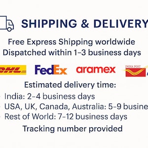 May include: Image with the text "SHIPPING & DELIVERY" and information about free express shipping worldwide. It lists estimated delivery times for India, USA, UK, Canada, Australia, and the rest of the world.