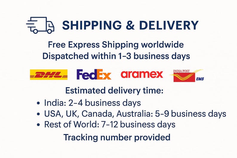 May include: Image with the text "SHIPPING & DELIVERY" and information about free express shipping worldwide. It lists estimated delivery times for India, USA, UK, Canada, Australia, and the rest of the world.