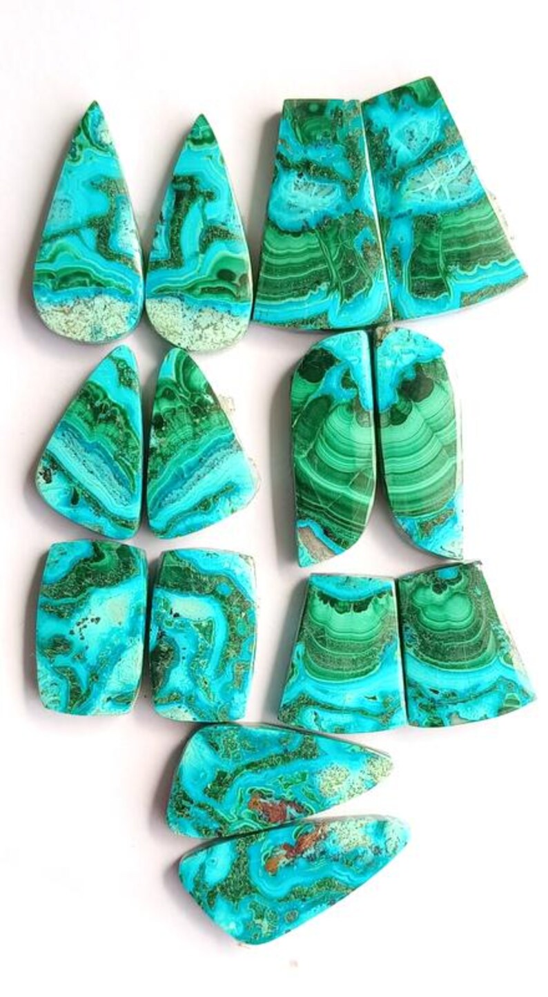 Designer chrysocolla malachite gemstone pair lot on white background
