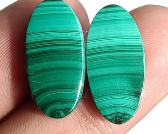 May include: Two polished oval malachite gemstones. The gemstones are a vibrant green color with darker green bands and patterns. The stones are held in a hand against a white background.
