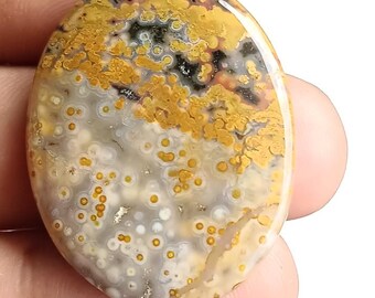 May include: An oval-shaped gemstone with a polished surface. The stone features a mix of colors, including yellow, white, gray, and black, with a speckled pattern. The gemstone is held in a hand, showcasing its size and shape.
