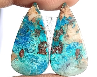 Natural Chrysocolla Cabochon Pair | Healing Stone for Jewelry Making | Pear Shape Loose Gemstones Gift Her | 28x15x4mm | 24.50Cts | S506