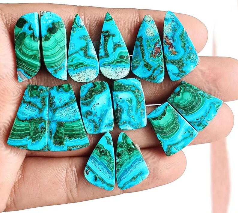 Chrysocolla Malachite cabochon pair lot natural polished gemstones
