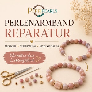 Könnte beinhalten: Eine Service-Anzeige für PeppiPearls mit zwei Perlenarmbändern, eines gerissen und eines intakt, dazu eine goldfarbene Schere, eine Nadel sowie lose rosa und goldene Perlen. Der Text umfasst PeppiPearls, PERLENARMBAND REPARATUR und Wir retten dein Lieblingsstück.