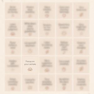 May include: A beige mindfulness calendar titled BelovedYou with a grid of daily prompts. One clear square reads Focus on your senses with a lotus icon, while others are blurred. The bottom text reads More to explore. A more mindful you is inside.