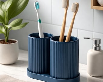 Ribbed Double Toothbrush Holder Set | Minimal Bathroom Organiser | Toothbrush & Cotton Bud Storage