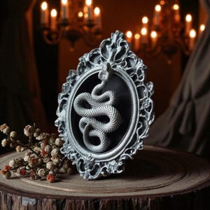 May include: A silver-colored, ornate oval frame with a coiled snake sculpture. The snake is white and textured, set against a black background. The frame has detailed scrollwork and is displayed on a wooden surface.