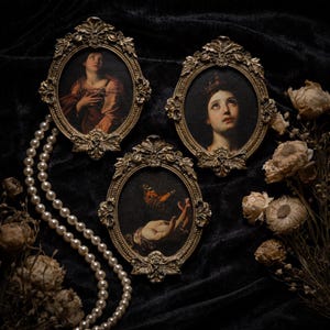 Zestaw gotyckich, barokowych, oprawionych portretów świętych, motyl monarcha, dekoracja Dark Academia, obraz olejny Caravaggio, sztuka ścienna w stylu vintage