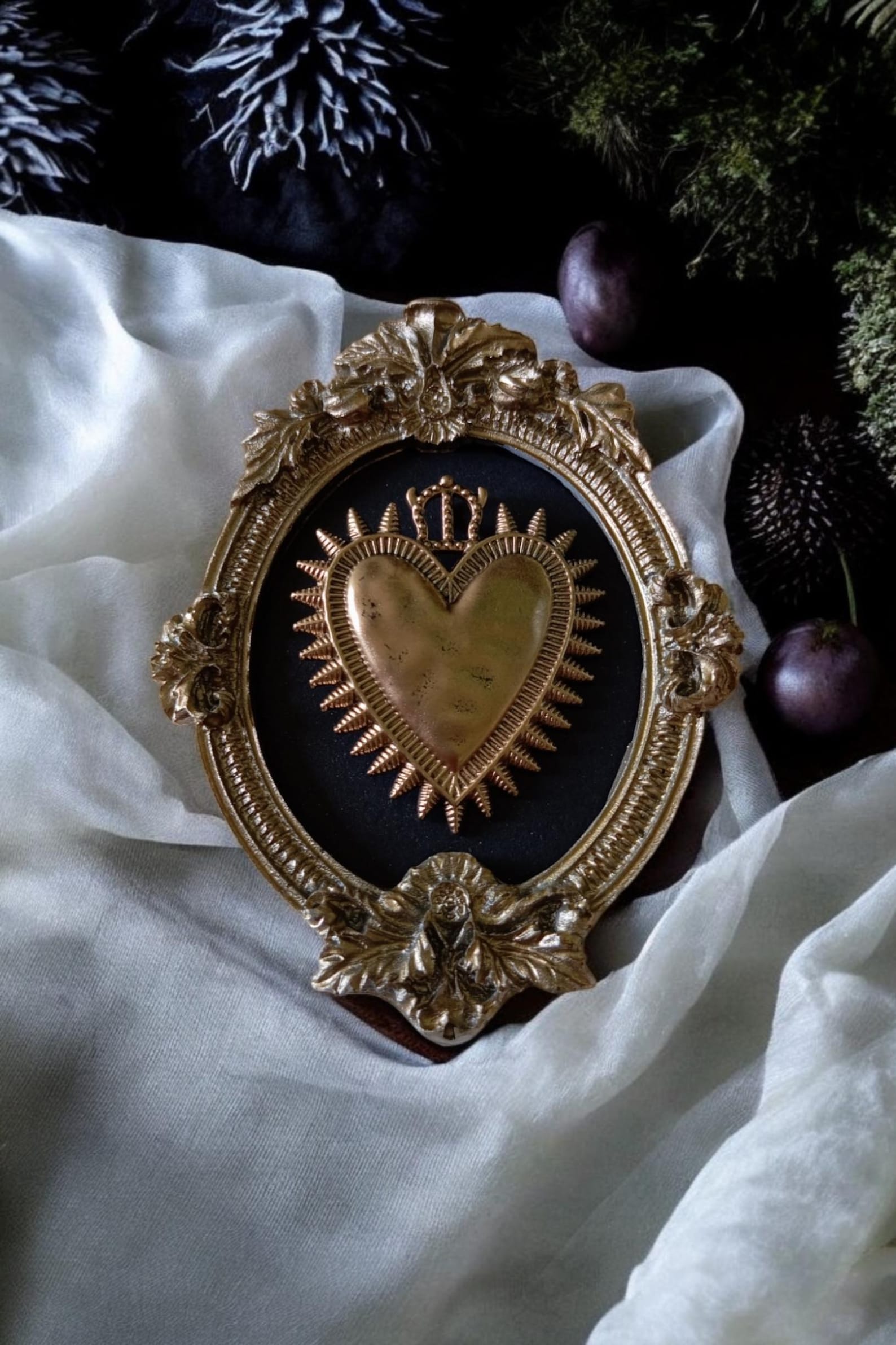 Gothic Bohemian wall art, ex-voto, sacred heart, baroque, Victorian, personalized, boho, cabinet of curiosities, rosary, Gothic taxidermy - Golden