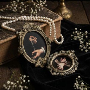 Peut inclure: Deux cadres ovales antiques de couleur or avec des bords ornés détaillés. Les cadres contiennent de petites peintures. Un collier de perles et un livre vintage sont en arrière-plan. La scène est sur un tissu de velours noir.