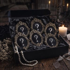 Peut inclure: Une boîte noire contenant six cadres ovales ornés, chacun affichant un point d'interrogation blanc sur fond sombre. Un collier de perles et un bouquet de fleurs séchées sont à côté. Une bougie allumée et un ruban sont également présents.
