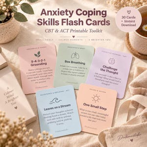 Anxiety Coping Cards, 30 Printable CBT & ACT Therapy Flash PDF
