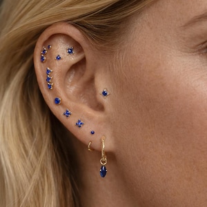 Peut inclure: Une oreille ornée de multiples boucles d'oreilles en or serties de pierres bleues. Les boucles d'oreilles comprennent de petits clous, un anneau avec une goutte pendante et une série de pièces délicates grimpant le long de l'oreille. Les pierres bleues contrastent avec l'or.