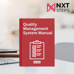 May include: A red book titled "Quality Management System Manual" with white text and a checklist graphic. The book is on a desk with a laptop and pen visible in the background. The ISO 9001 logo is at the bottom.